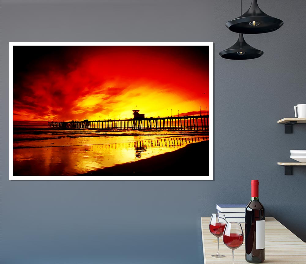 Fire Skies Over The Pier Print Poster Wall Art