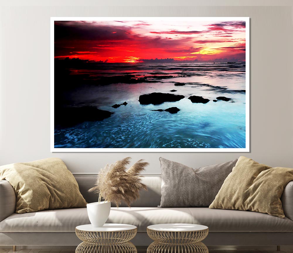 Lava Red Skies Over The Turquoise Ocean Print Poster Wall Art