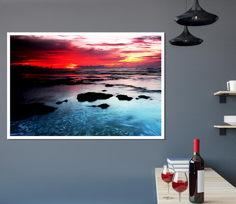 Lava Red Skies Over The Turquoise Ocean Print Poster Wall Art