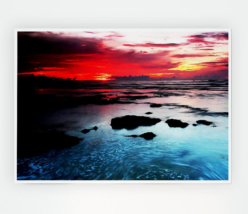 Lava Red Skies Over The Turquoise Ocean Print Poster Wall Art