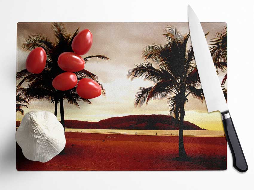 Beach Palmtree Mountain View Glass Chopping Board