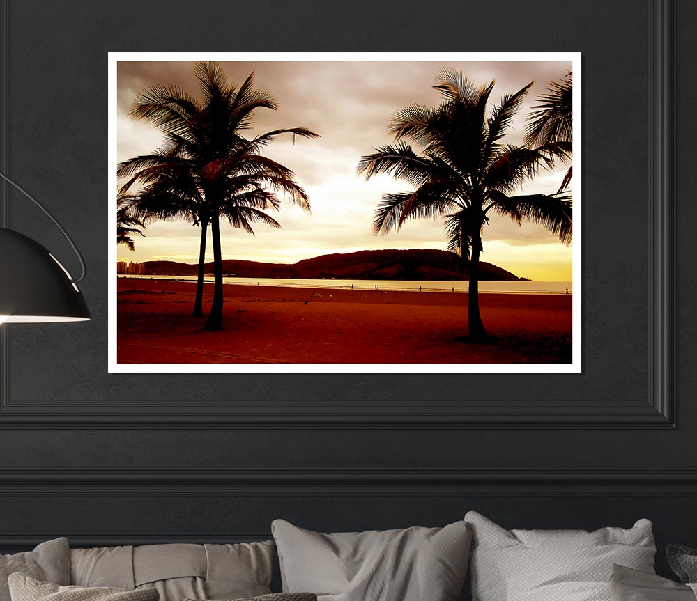 Beach Palmtree Mountain View Print Poster Wall Art