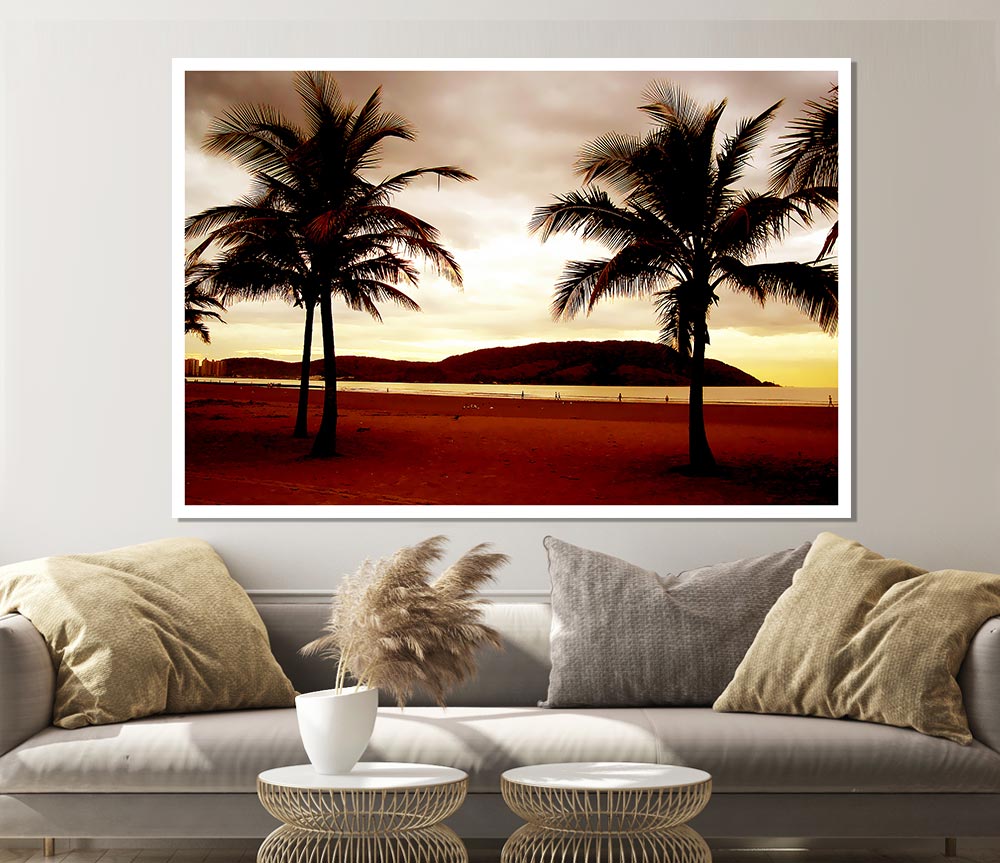 Beach Palmtree Mountain View Print Poster Wall Art