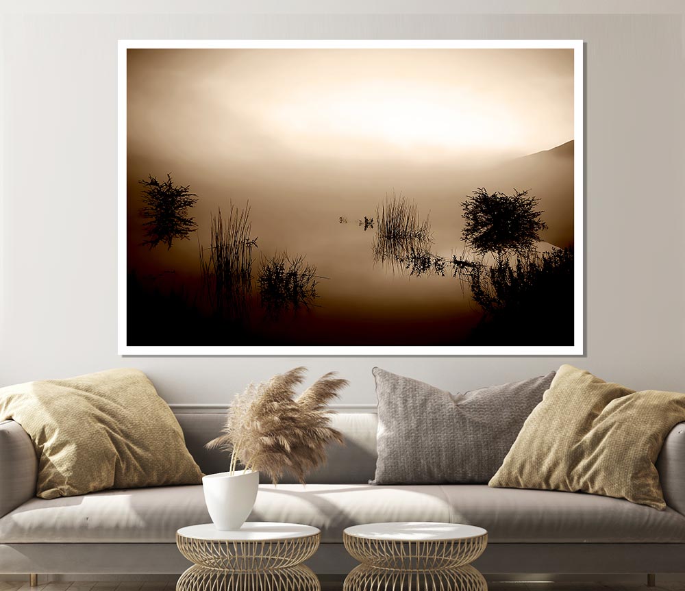 Brown Misty Lake Print Poster Wall Art