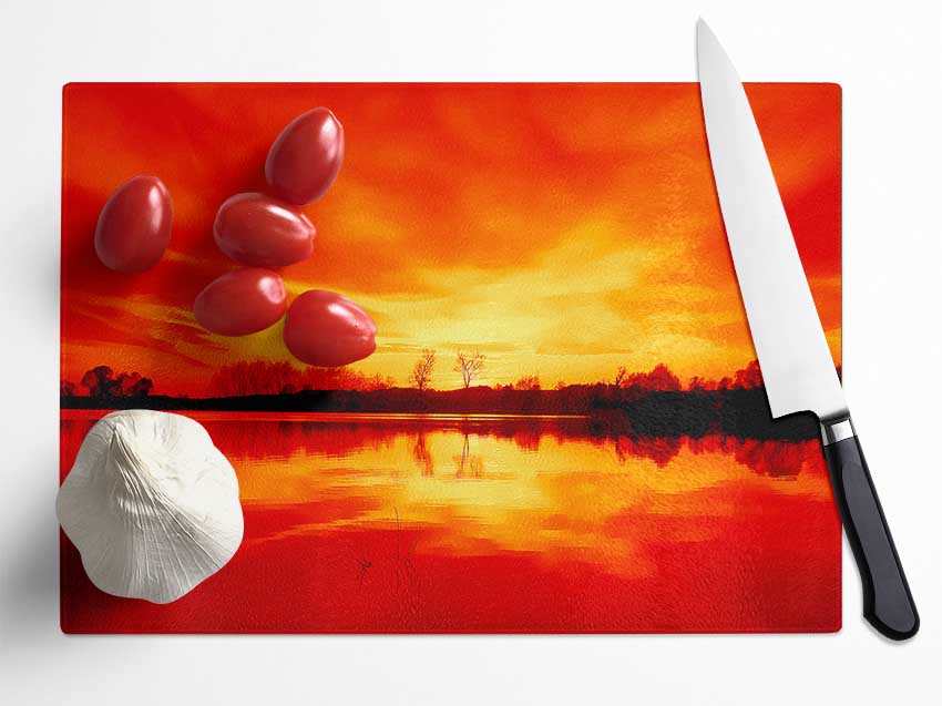 Stunning Lake At Sunset Orange Glass Chopping Board