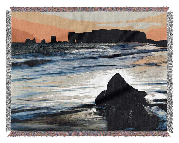 Distant Monument Ocean Sunset Woven Blanket