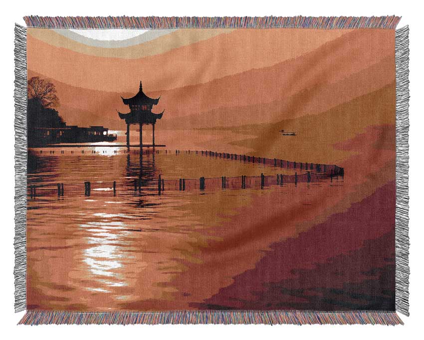 Sunset Orange Lake Calm Woven Blanket