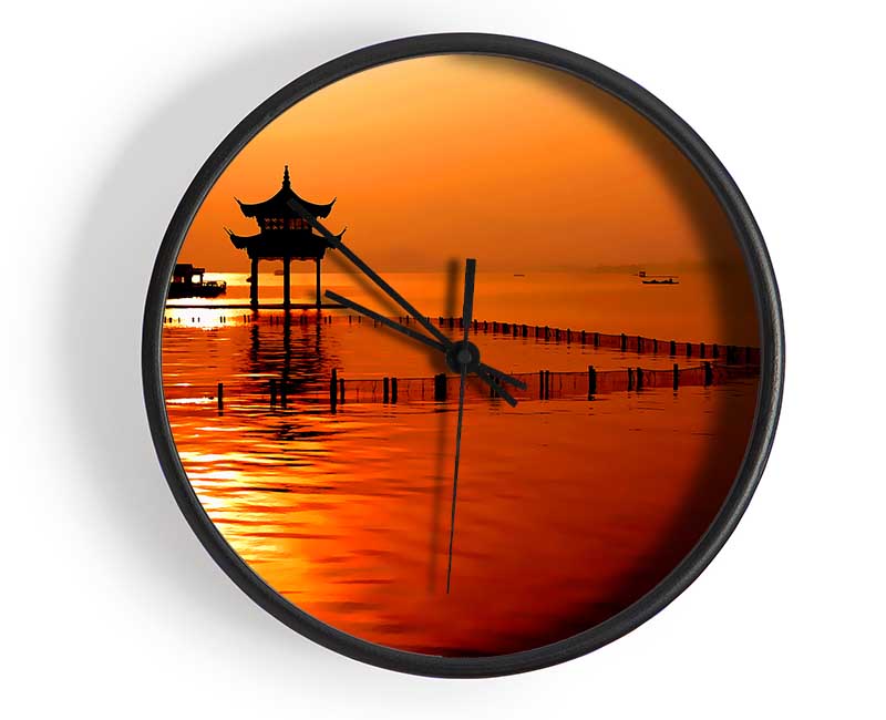 Sunset Orange Lake Calm Clock - Wallart-Direct UK