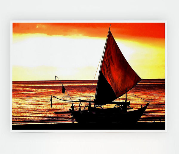 Beautiful Sail Boat At Sunset Print Poster Wall Art