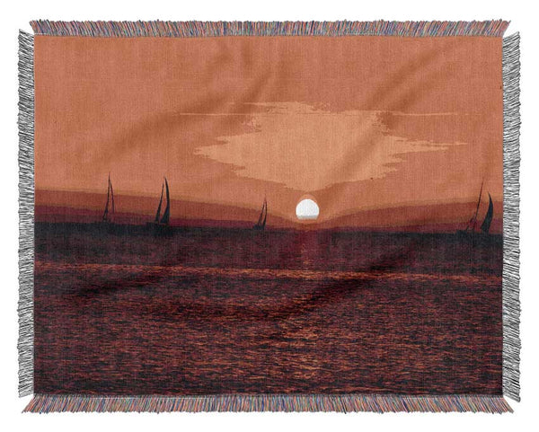 Sunset Boats In The Ocean Woven Blanket