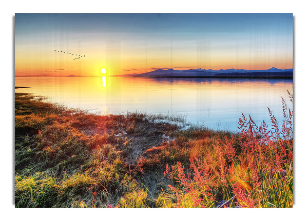 Migratory Birds Flying Over The Mountain Lake