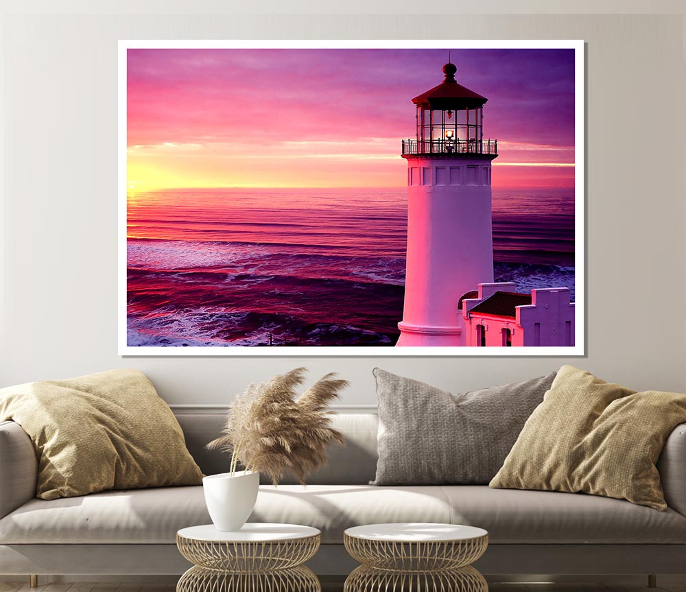 Lighthouse Pink Sunset Print Poster Wall Art