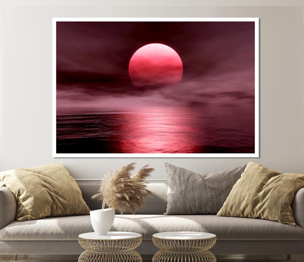 The Huge Red Sun Over The Grey Ocean Print Poster Wall Art