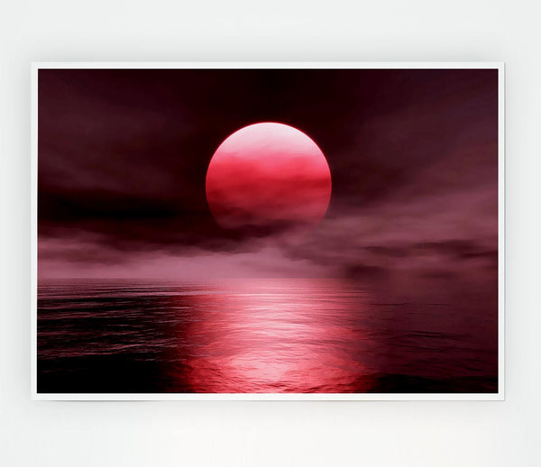 The Huge Red Sun Over The Grey Ocean Print Poster Wall Art