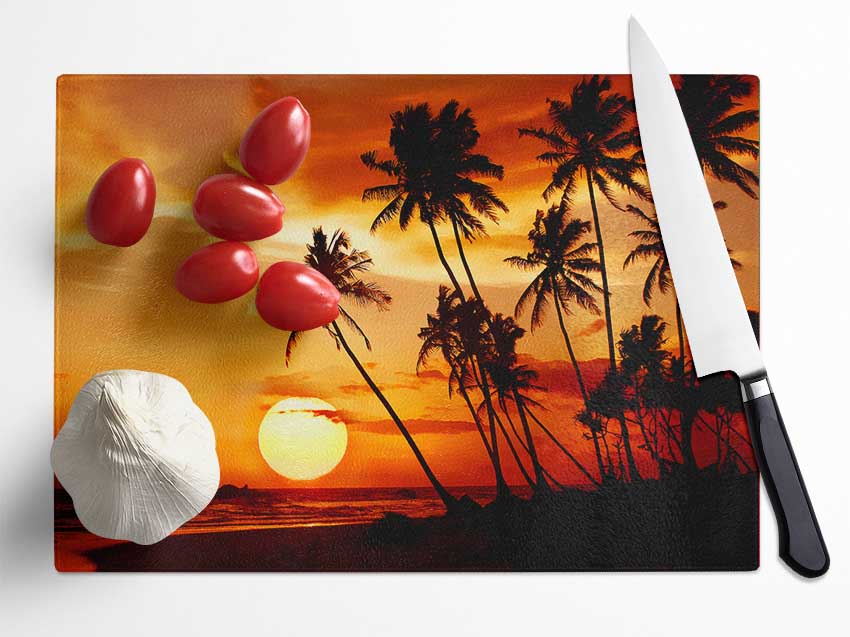 Palmtree Sunset Over The Ocean Glass Chopping Board