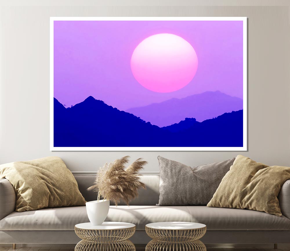 Huge Sun Over The Mountain Tops Purple Print Poster Wall Art