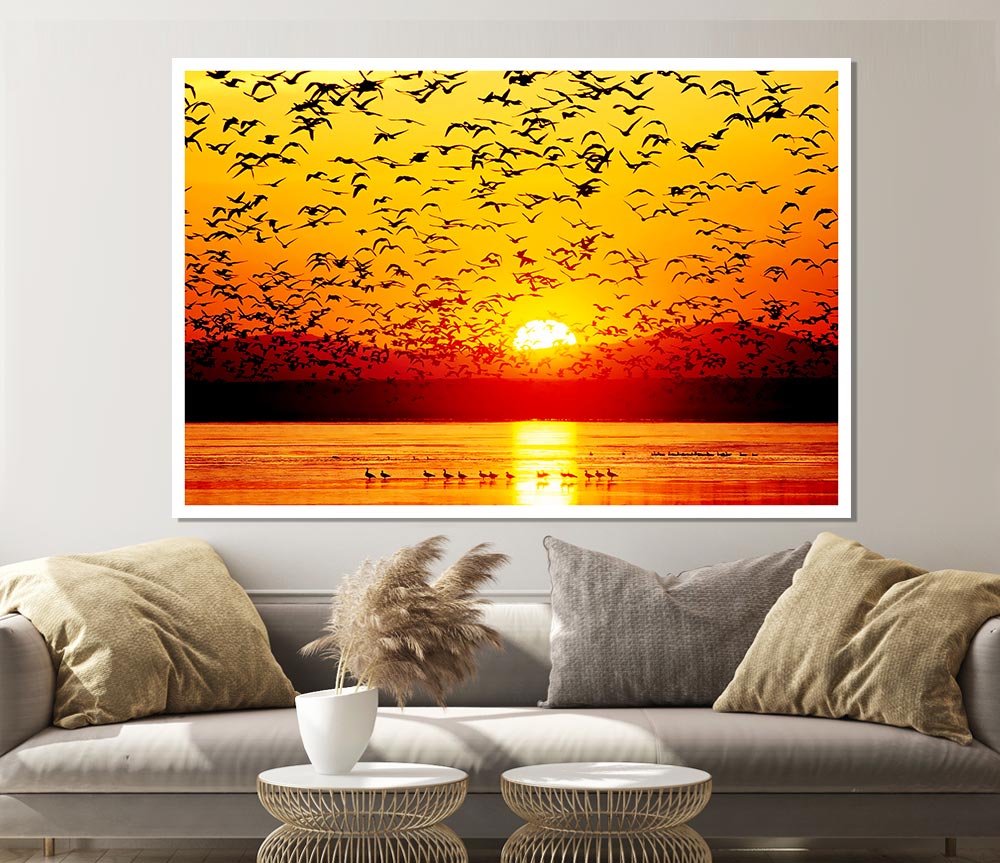 The Birds In The Golden Sunset Print Poster Wall Art