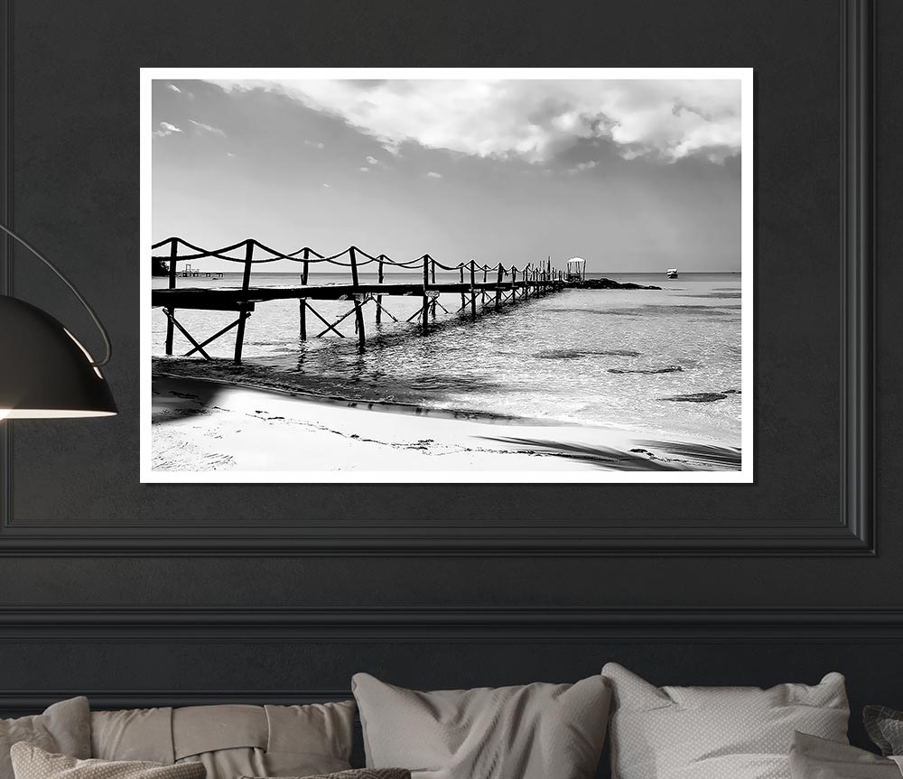 White Sand Pier B N W Print Poster Wall Art