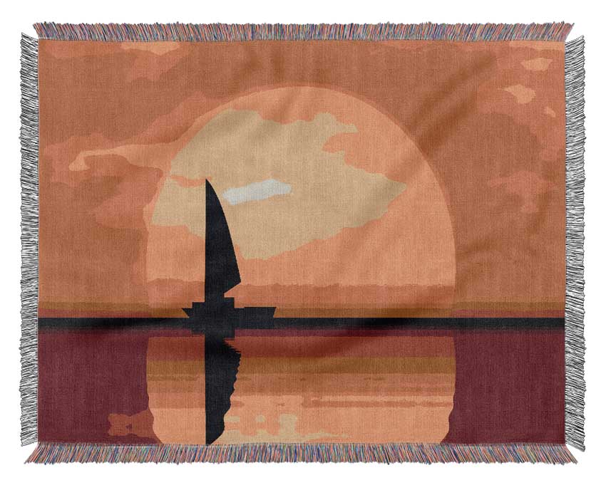 Boat Sailing In The Sunset Woven Blanket