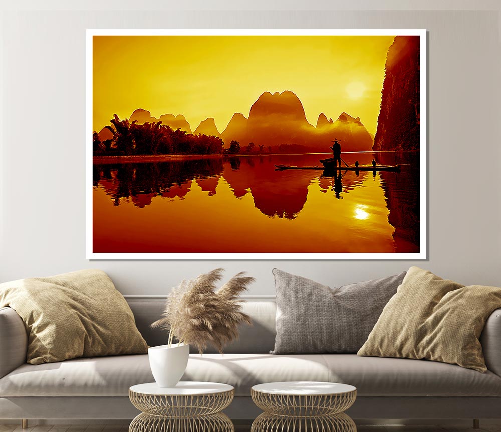 Fisherman Reflection Caramel Print Poster Wall Art