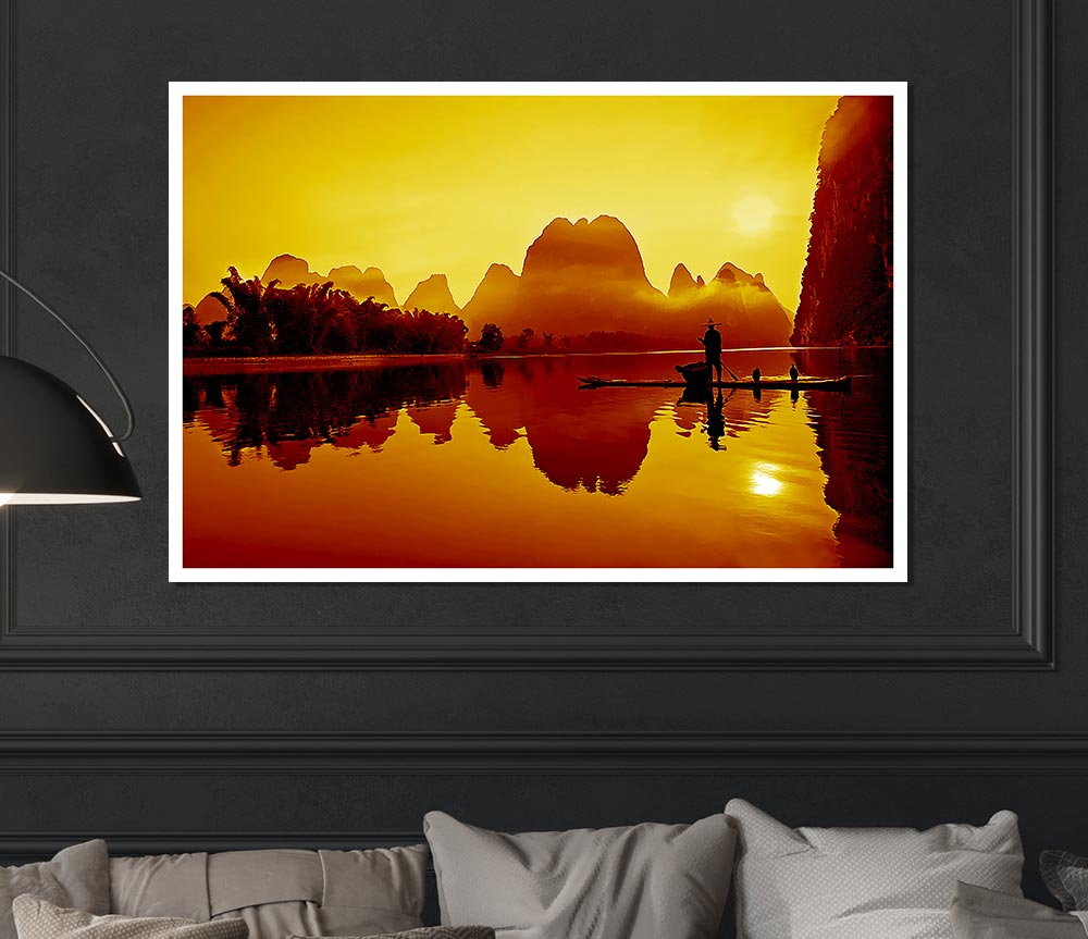 Fisherman Reflection Caramel Print Poster Wall Art