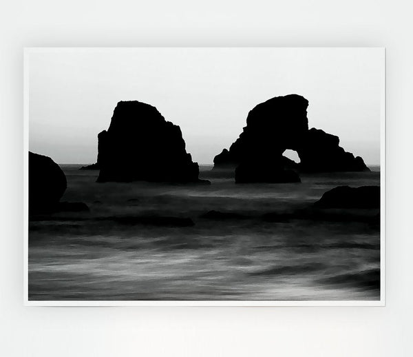 Black And White Ocean Flows To The Rocks Print Poster Wall Art