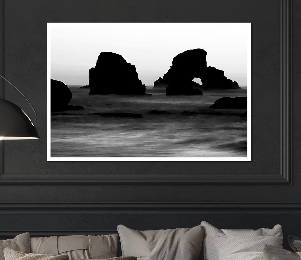 Black And White Ocean Flows To The Rocks Print Poster Wall Art