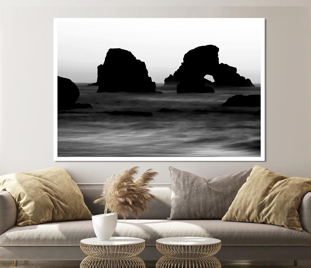 Black And White Ocean Flows To The Rocks Print Poster Wall Art