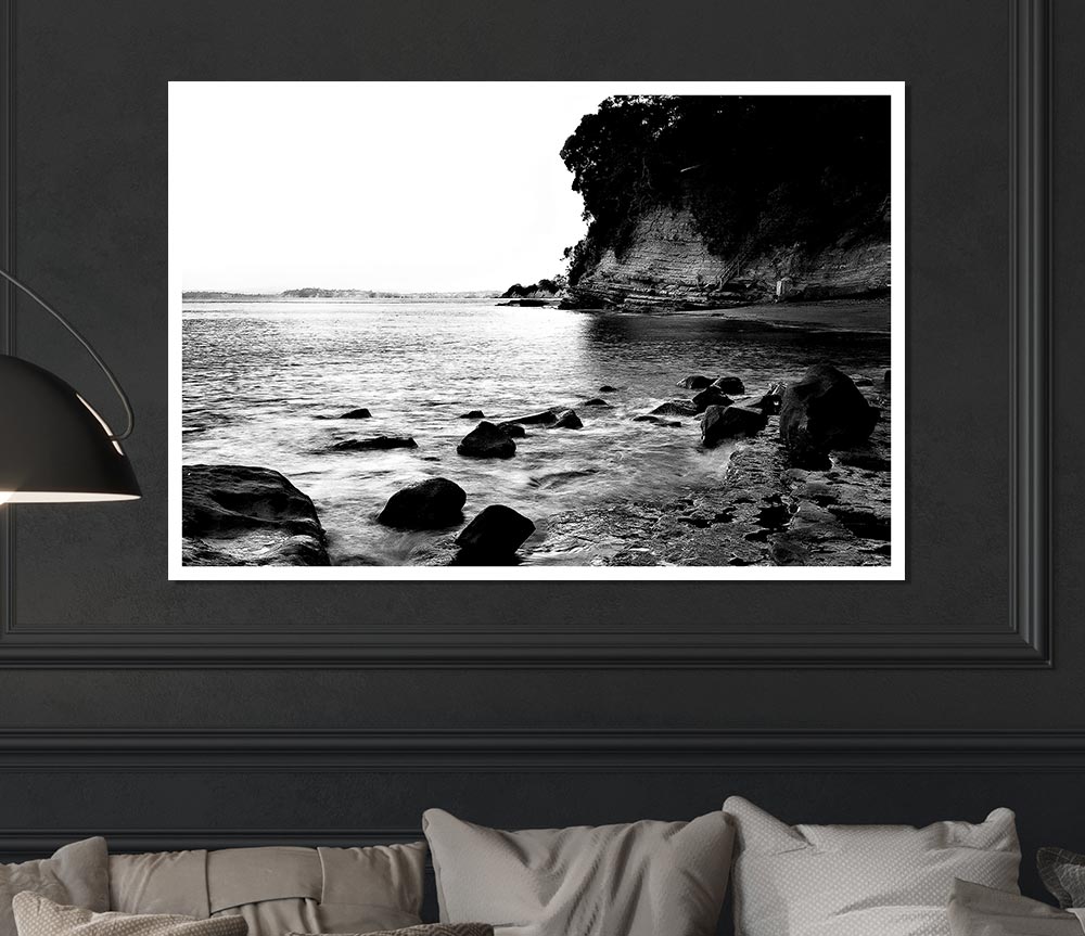 Black And White Sparkle Ocean Rocks Print Poster Wall Art