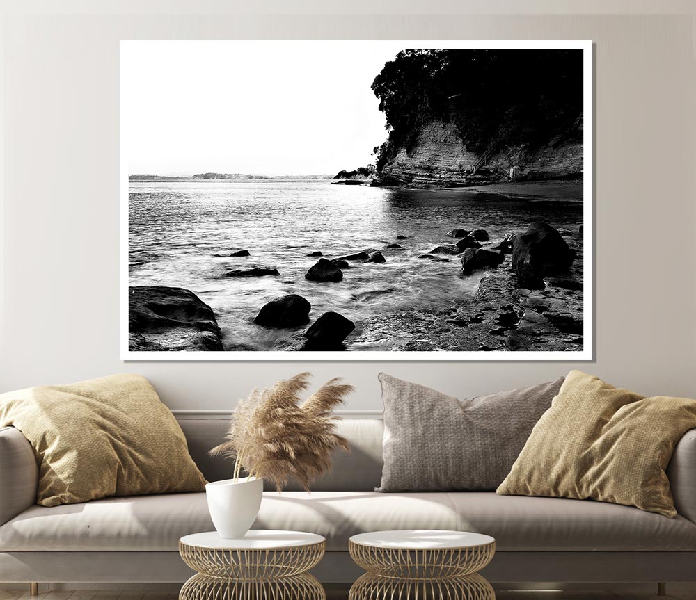 Black And White Sparkle Ocean Rocks Print Poster Wall Art