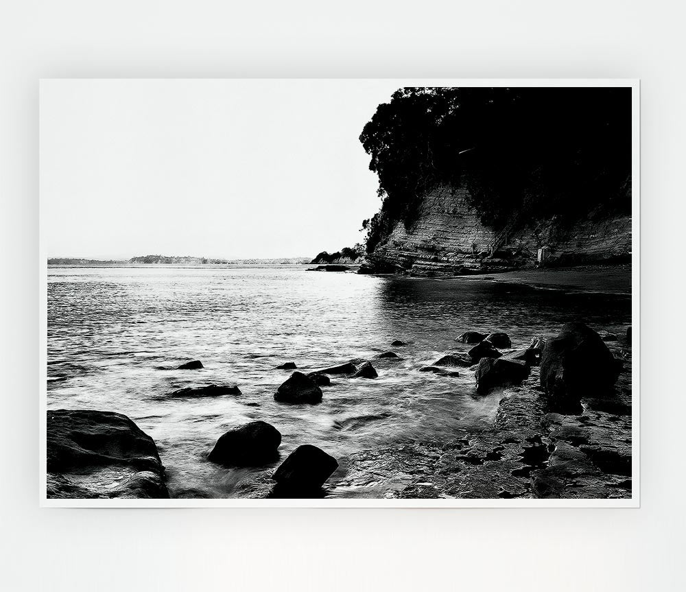 Black And White Sparkle Ocean Rocks Print Poster Wall Art