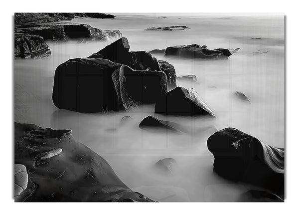 Misty Ocean Rocks Black N White