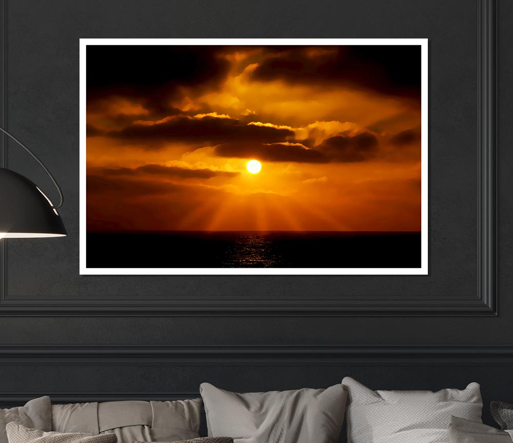 Golden Sun Rays Through The Clouds Print Poster Wall Art