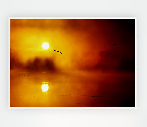 Birds Over The Golden Misty Lake Print Poster Wall Art