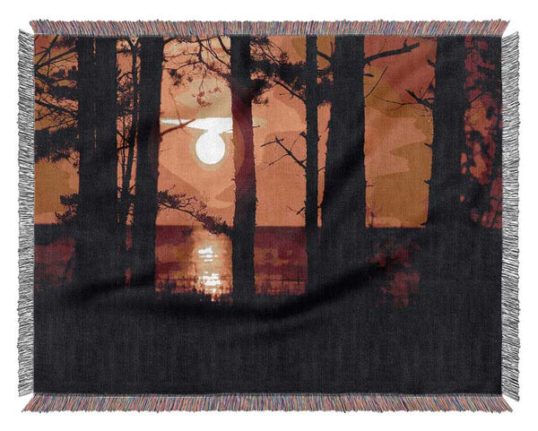 Orange Sunset Through The Trees Woven Blanket