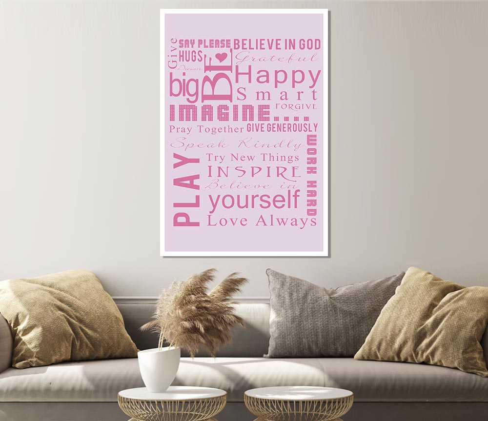 Home Quote Family Rules Be Happy Love Always Pink Print Poster Wall Art