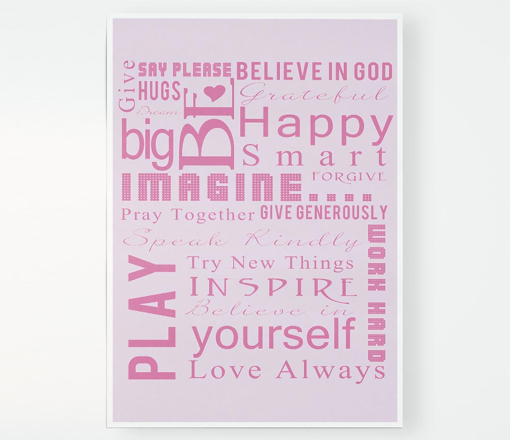 Home Quote Family Rules Be Happy Love Always Pink Print Poster Wall Art