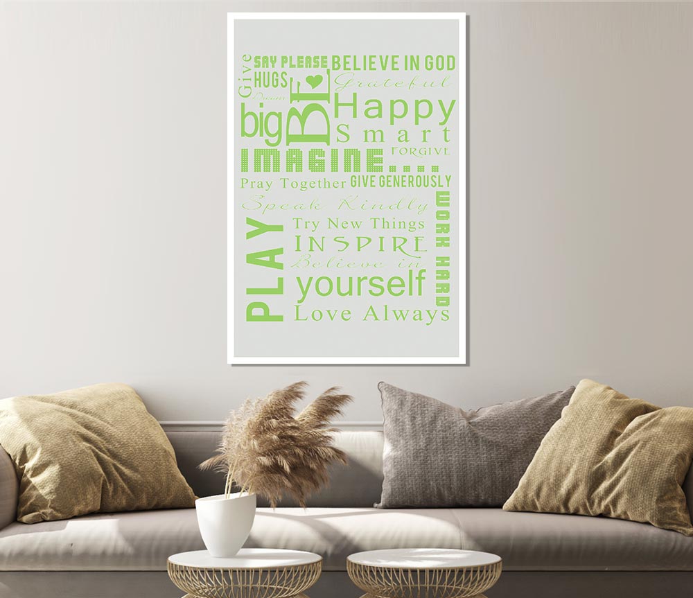 Home Quote Family Rules Be Happy Love Always Lime Green Print Poster Wall Art