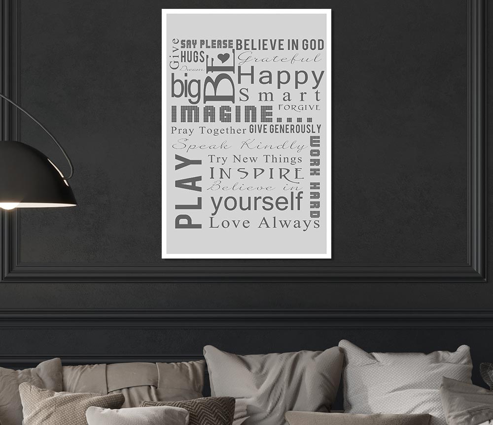 Home Quote Family Rules Be Happy Love Always Grey Print Poster Wall Art