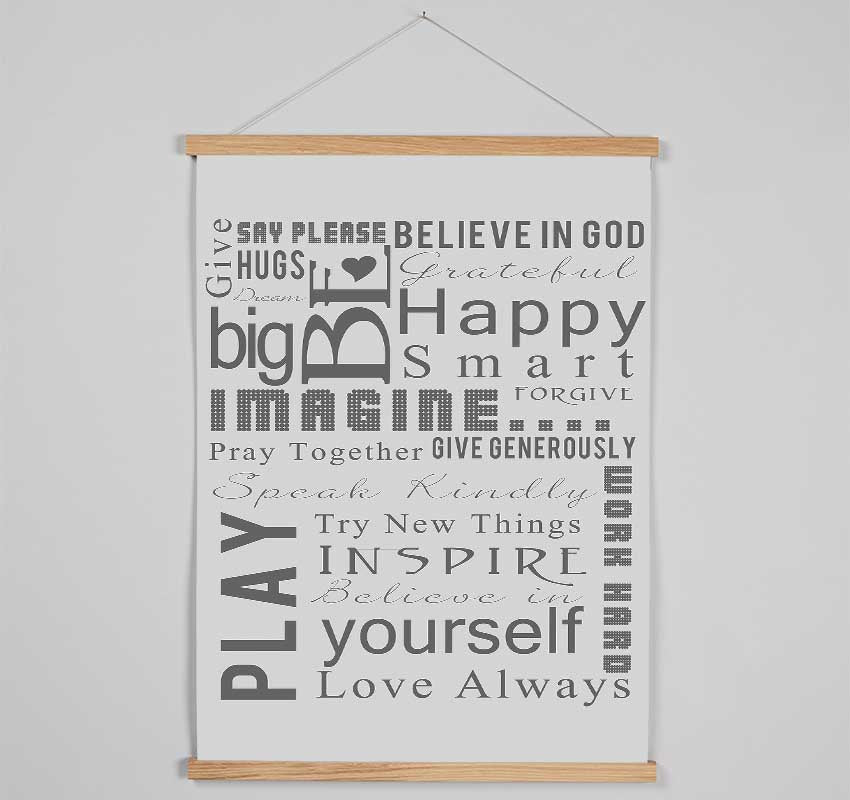 Home Quote Family Rules Be Happy Love Always Grey Hanging Poster - Wallart-Direct UK