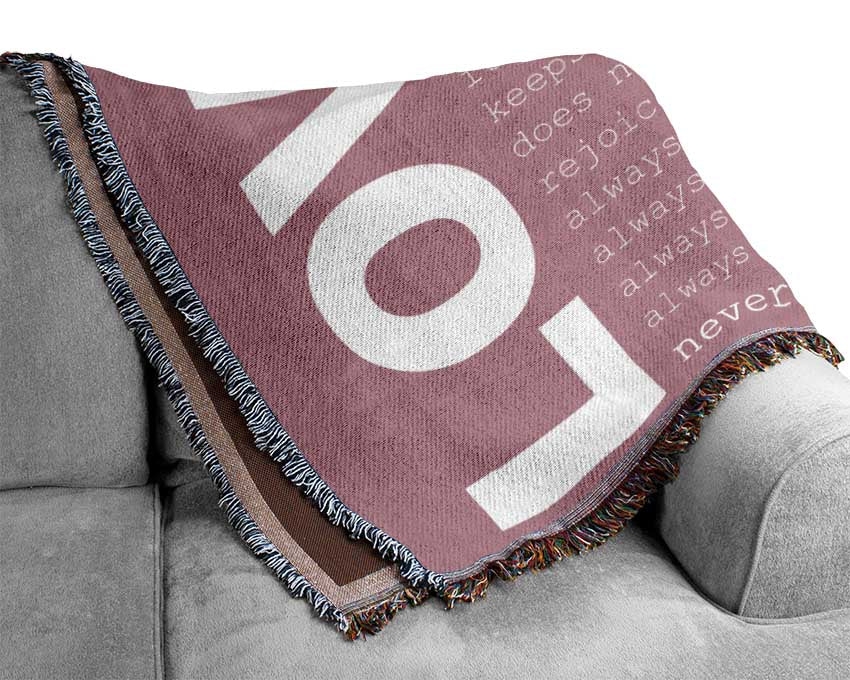 Love Quote Love Never Fails Pink Woven Blanket