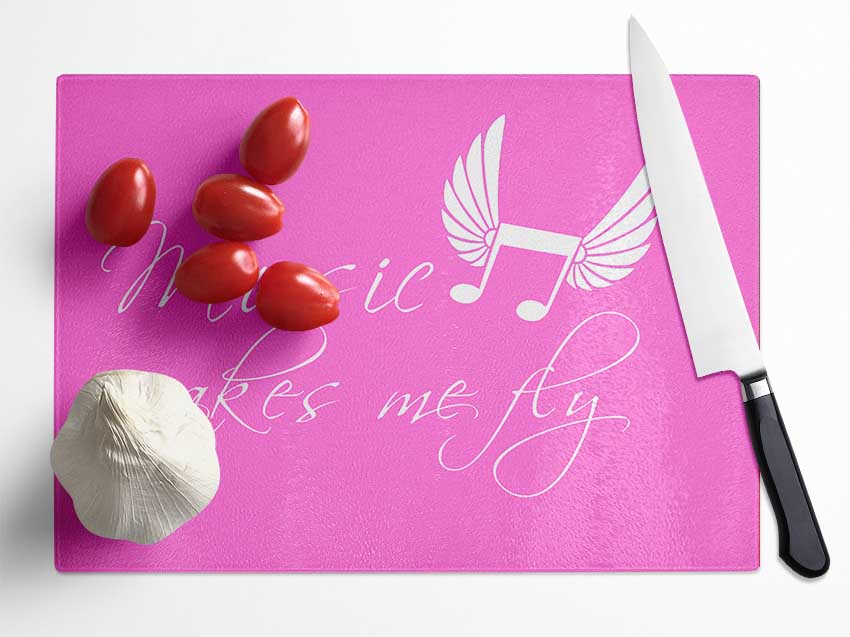 Girls Room Quote Music Makes Me Fly Vivid Pink Glass Chopping Board