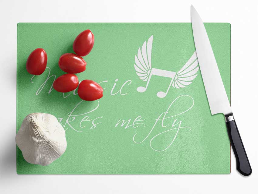 Boys room Quote Music Makes Me Fly Green Glass Chopping Board