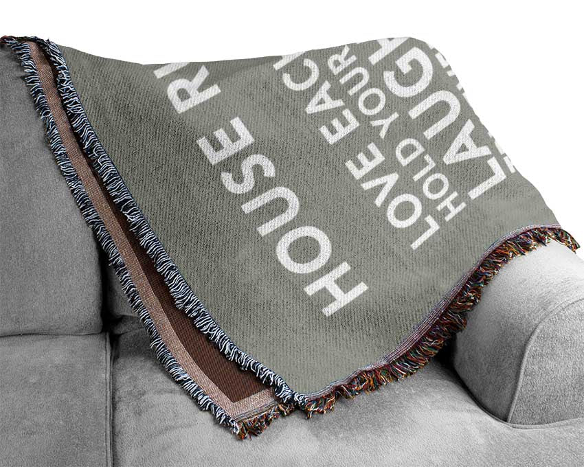 Family Quote House Rules 3 Grey White Woven Blanket