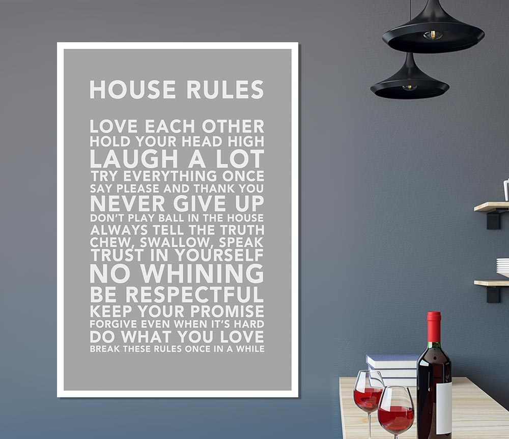 Family Quote House Rules 3 Grey White Print Poster Wall Art