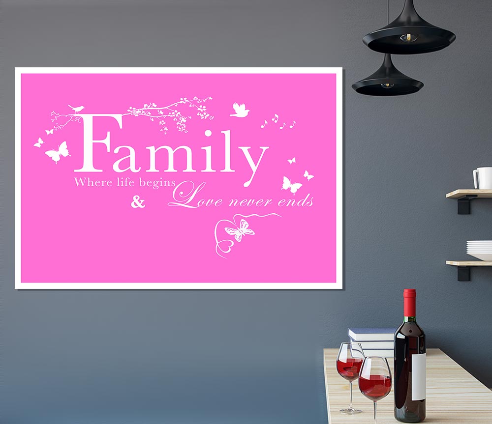 Family Quote Family Where Life Begins Vivid Pink Print Poster Wall Art