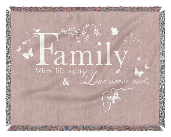 Family Quote Family Where Life Begins Vivid Pink Woven Blanket