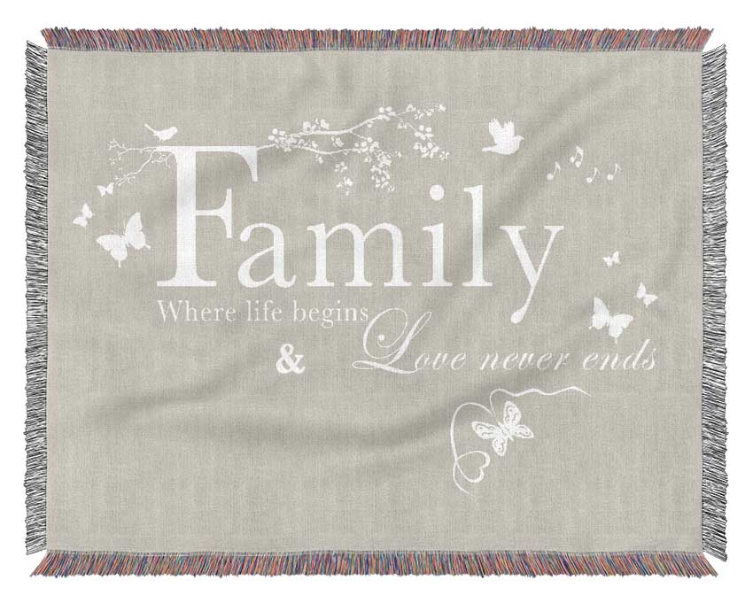 Family Quote Family Where Life Begins Pink Woven Blanket