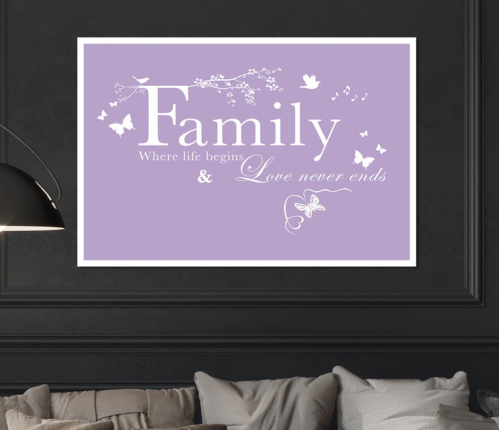 Family Quote Family Where Life Begins Lilac Print Poster Wall Art