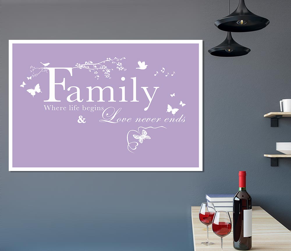 Family Quote Family Where Life Begins Lilac Print Poster Wall Art